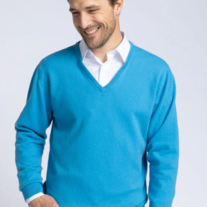Pull homme col V en cachemire et laine bleu