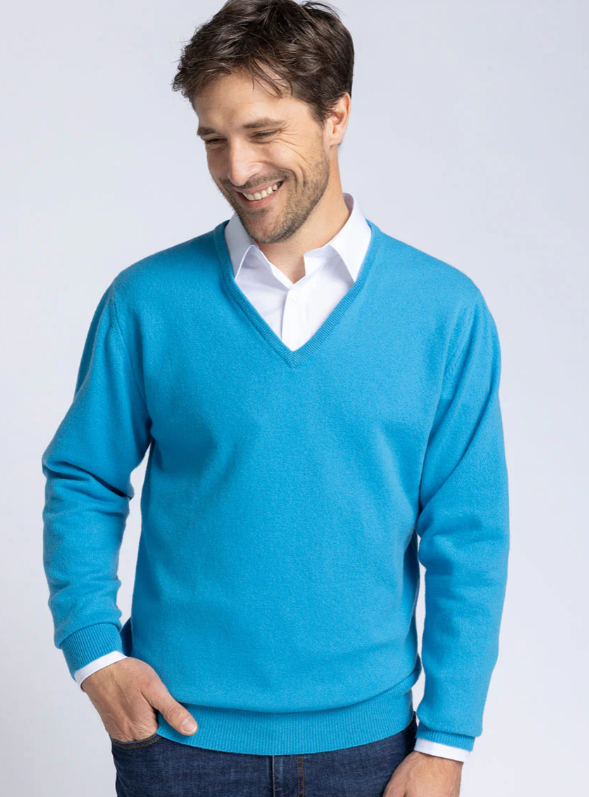 Pull homme col V en cachemire et laine bleu