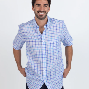 Chemise homme en lin carreaux bleus