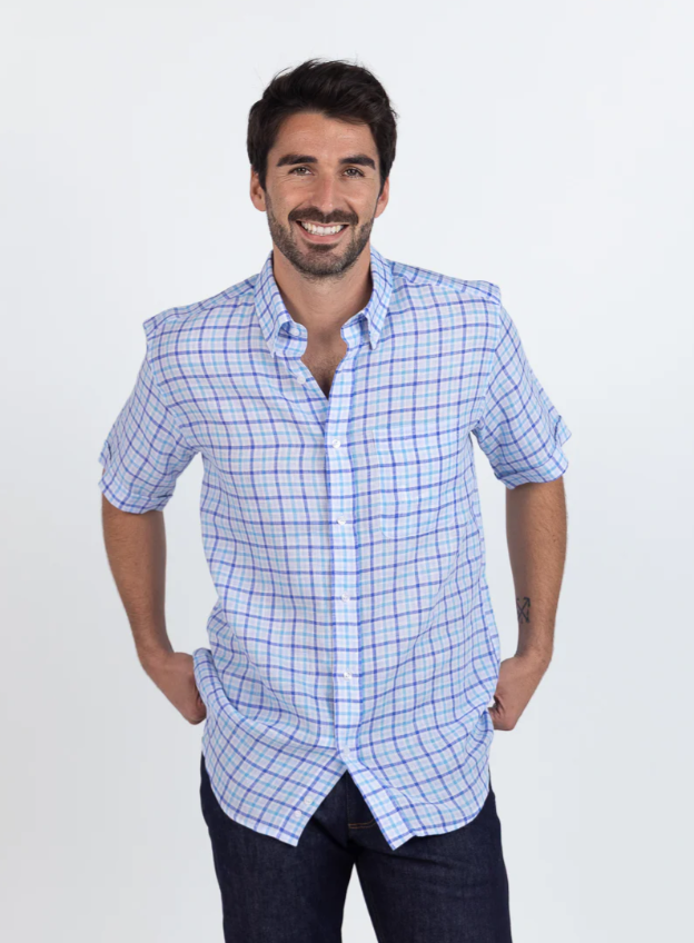 Chemise homme en lin carreaux bleus