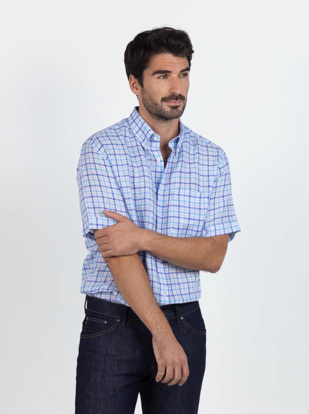 Chemise homme en lin carreaux bleus – Image 2
