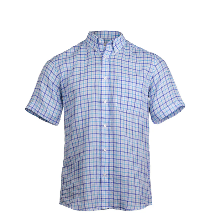 Chemise homme en lin carreaux bleus – Image 3