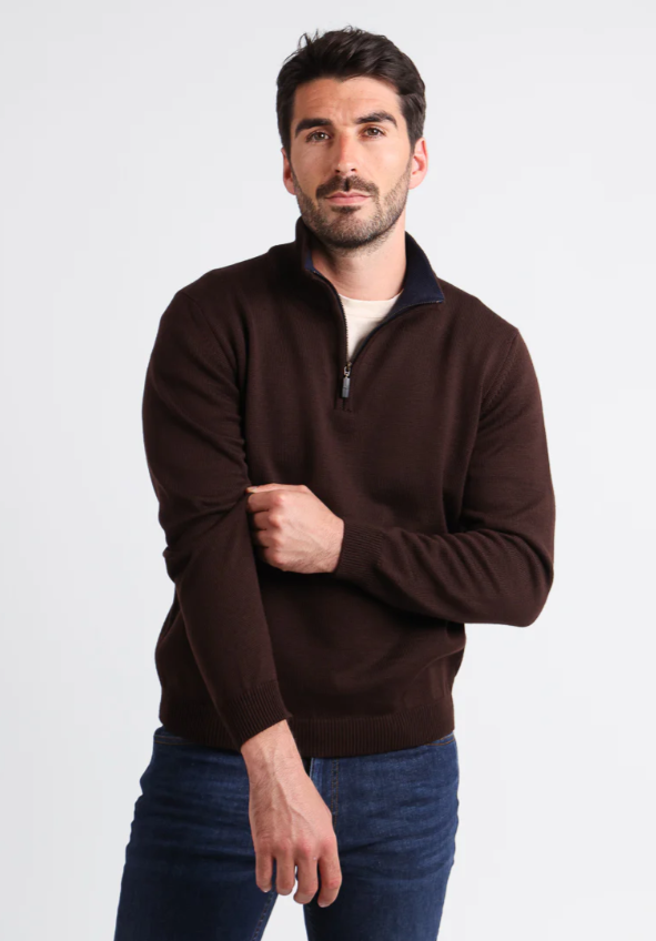 Pull homme col camionneur en laine marron