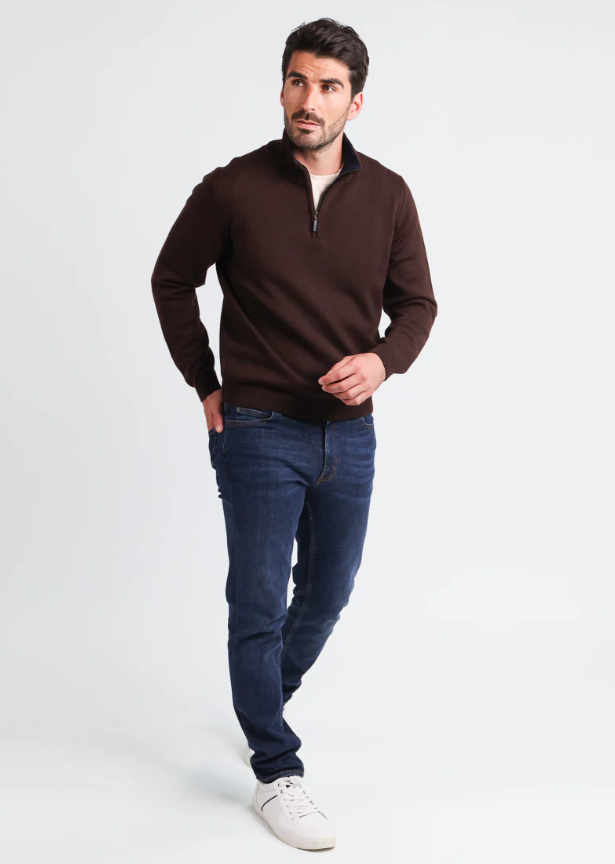 Pull homme col camionneur en laine marron – Image 2