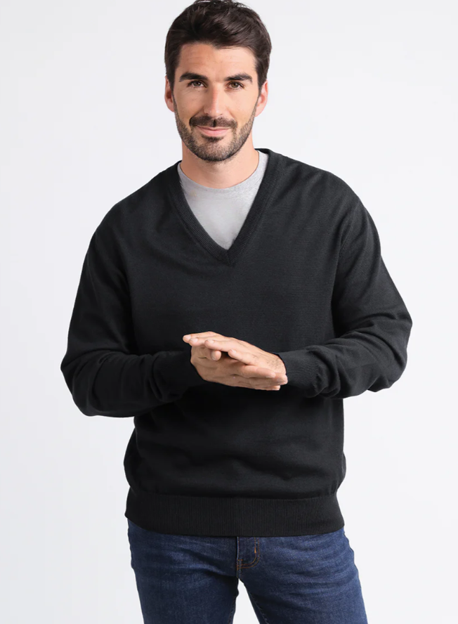 Pull homme col v 100% laine mérinos Noir